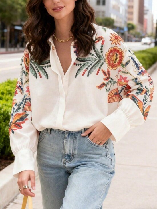 Tops - White Casual Women's Floral Print Regular Drop Shoulder Long Sleeve Shirt